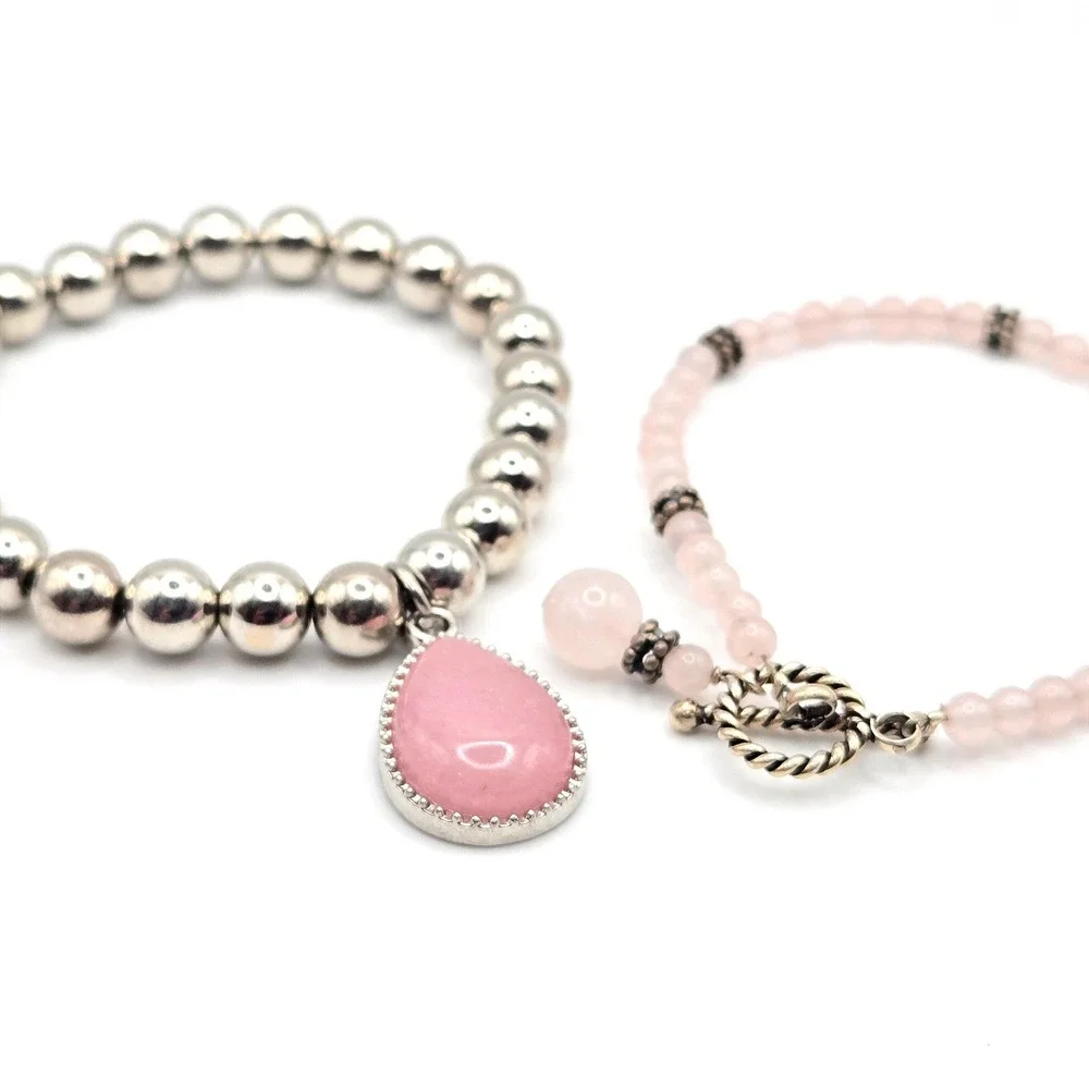 Two Beaded Bracelets Silver Tone Beads Pink Charm & Rose Quartz Toggle Closure‎